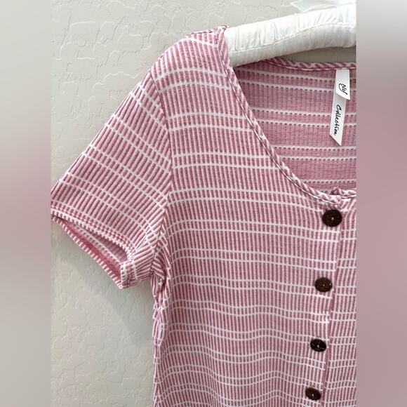 NY COLLECTION | Pink & White Striped Textured V-Neck Short Sleeve Top | Large - Picture 3 of 7